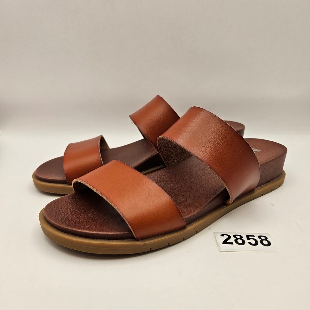 MIA WOMEN'S 7 SLIDE SANDALS TAN BROWN DOUBLE STRAP CASUAL COMFORT FLAT SUMMER